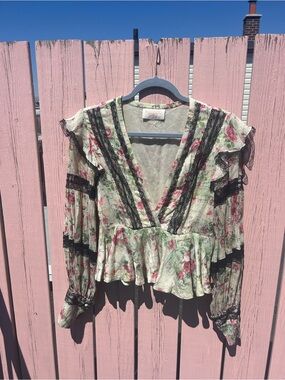 Romantic Floral Lace Trim Peplum Top - Rose Print